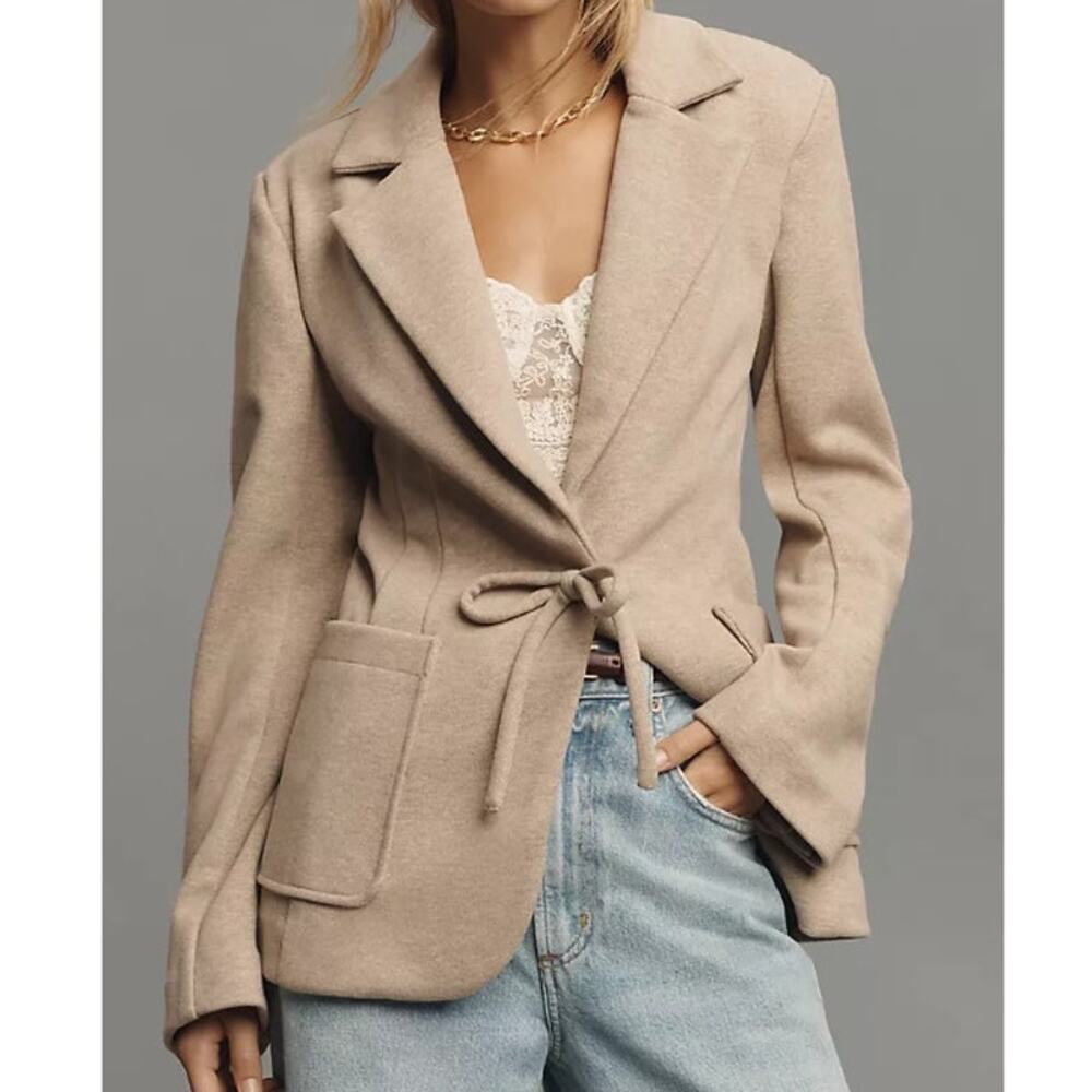 Avec Les Filles Fitted Bow Blazer Tan One Button Knit Jacket Women's S